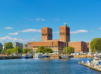 Town Hall and harbour, Oslo. Norway, Europe - obrazy, fototapety, plakaty