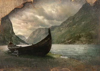 Abwaschbare Fototapete Skandinavien Old viking boat in Gudvangen village near Flam, Norway. Retro im