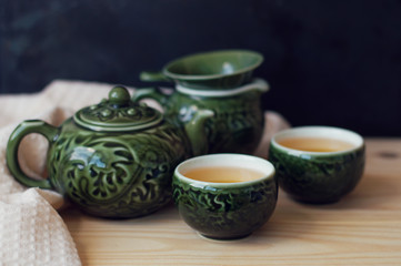 Chinese traditional tea ceremony set on a wooden table