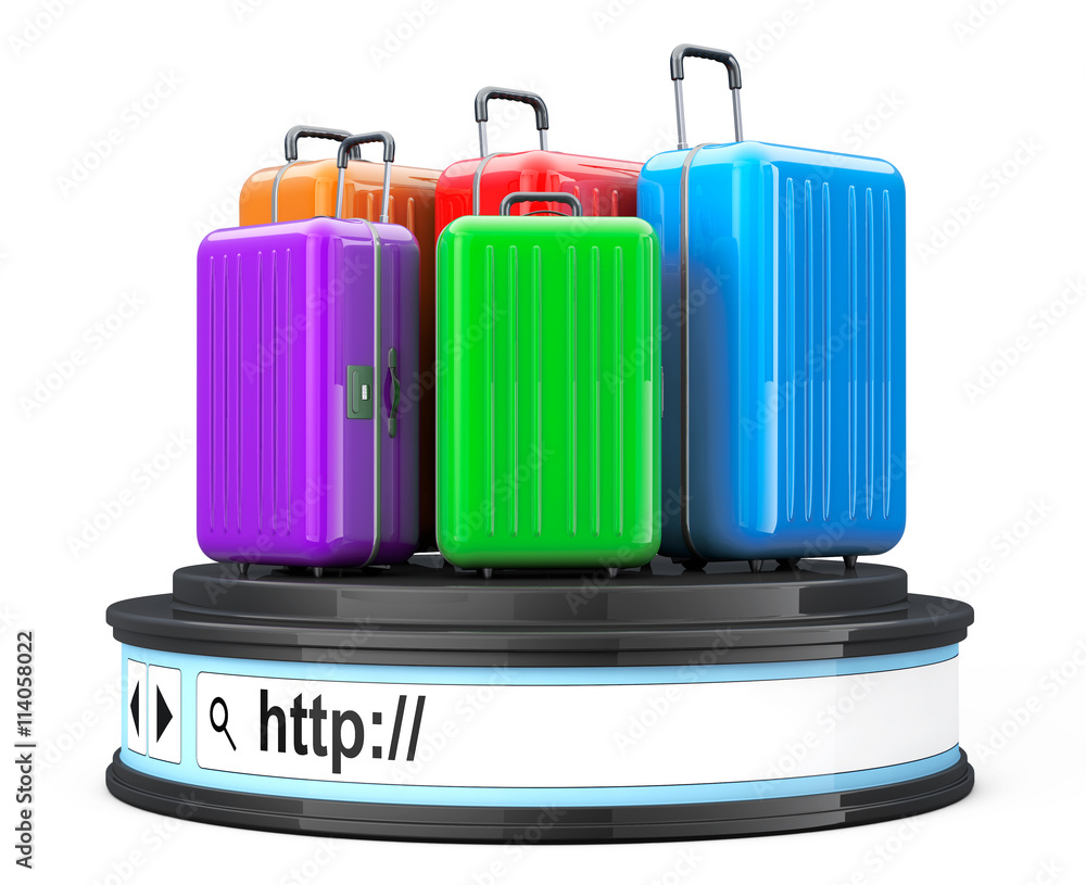 Poster suitcases over browser address bar as round platform pedestal. 3
