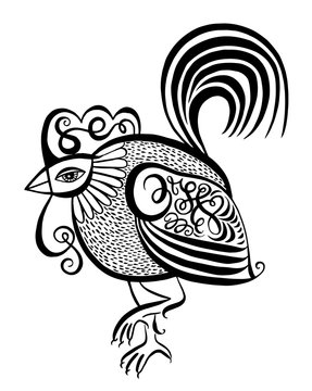original black and white line art rooster calligraphy drawing, s