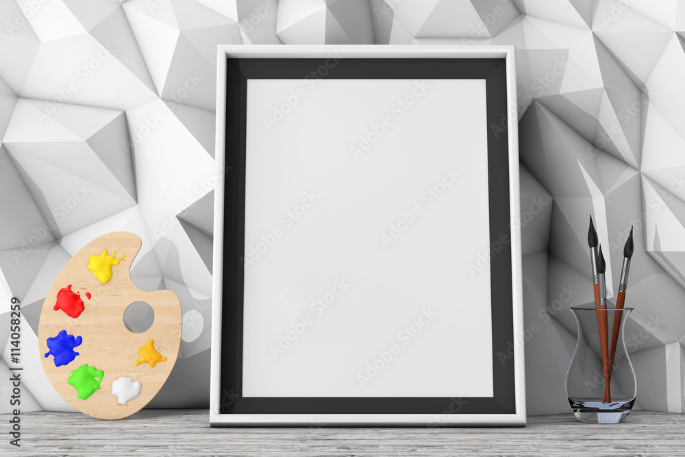 Aufkleber blank picture frame with paintbrushes and pallette in front of l