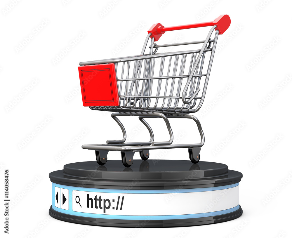 Poster shopping cart over browser address bar as round platform pedesta