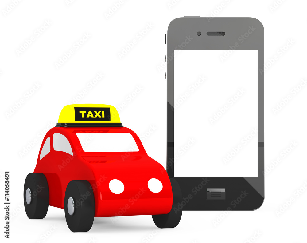 Poster toy taxi car with mobile phone. 3d rendering