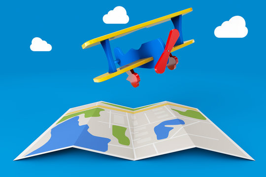 Toy Airplane over City Map. 3d Rendering