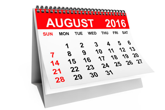 Calendar August 2016. 3d rendering