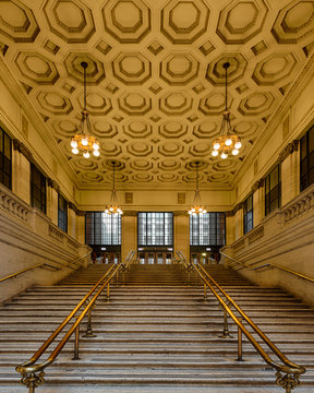Grand staircases inside Union Station in Chicago, Illinois