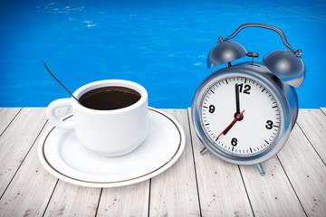 Cup of Coffee and Alarm Clock in front of Ocean. 3d Rendering
