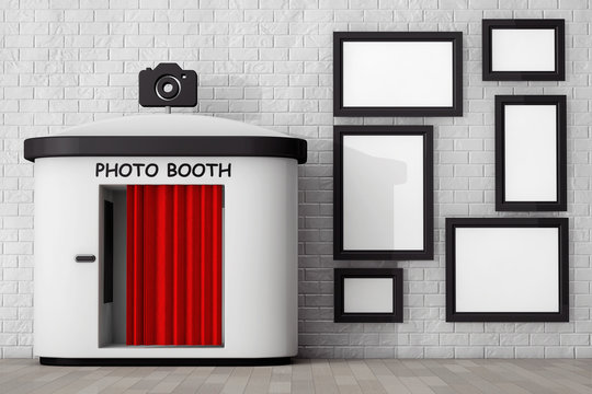 Photo Booth in front of Brick Wall with Blank Picture Frames. 3d