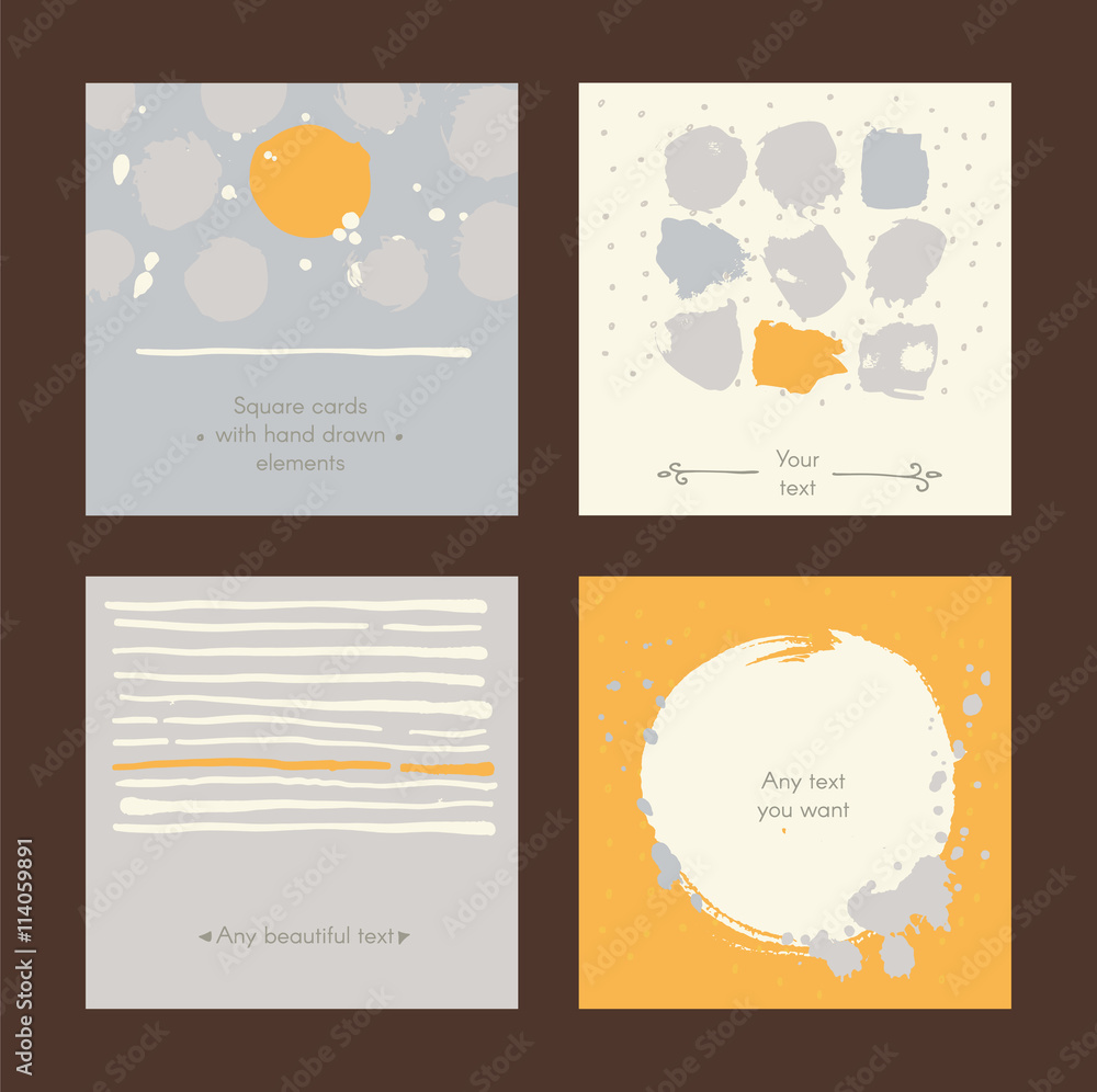 Poster vector simple square handdrawn cards with circles, stripes and various design. set of templates with