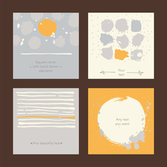 Vector simple square handdrawn cards with circles, stripes and various design. Set of templates with text holders, splashes, imperfections. Yellow and grey colors on dark background, good for print