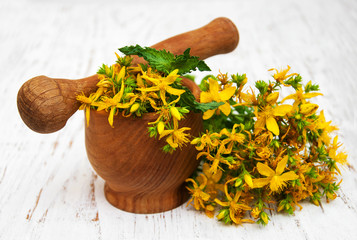 Tutsan flowers  and mortar