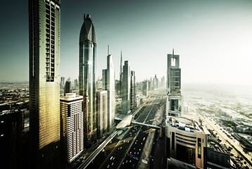 Fototapeta na wymiar Dubai skyline in sunset time, United Arab Emirates