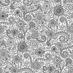Black and white seamless hand drawn pattern with abstract flowers.