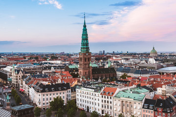 Fototapeta na wymiar Panoramic view of evening Copenhagen roofs