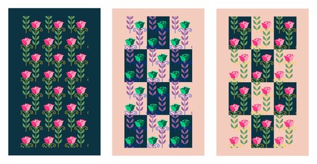 Set of vector cards with flowers. Stylized roses.