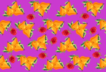 Bright seamless pattern with pears and raspberries. Vector background
