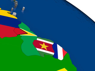 Guyana and Suriname  on 3D map with flags