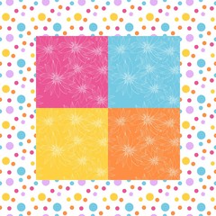 Bright bandana print with flowers on colorful background in dot frame. Stylish silk neck scarf. Kerchief square pattern design style for print on fabric. Vector illustration