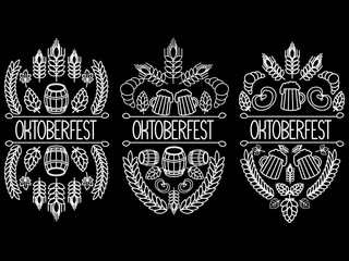 Oktoberfest. Three drawings on a black background. hand drawn label elements.