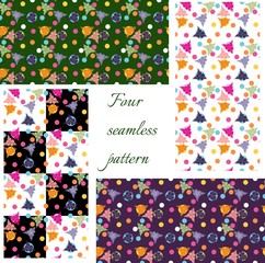 Fototapeta na wymiar Collection of four seamless patterns with colorful flowers and dots. Vector illustration.