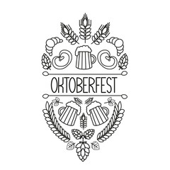 Oktoberfest traditional food and attributes on craft. Beer, craft brew house sketch doodle collection, vector hand drawn label elements. barrel, mug, wheat, hop plant, bottle, leaf, pretzel.