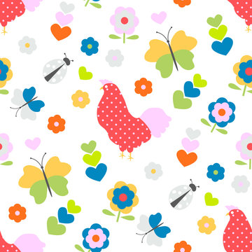 Seamless pattern with flower, chicken, butterflies and ladybug