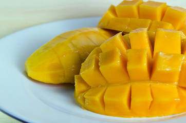 Sliced ripe yellow mango on the plate