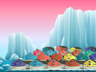 Illustration of arctic greenland town with bright houses. Vector winter landscape. © 0mela