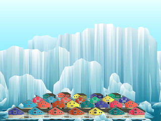 Parallax background of arctic greenland town with bright houses. Vector winter landscape. © 0mela