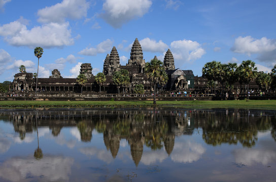 Reflection of Angkor Wat Temple against blue sky background, Siem reap, Cambodia