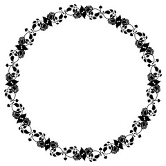 Round black and white frame with roses silhouettes. Vector clip art.