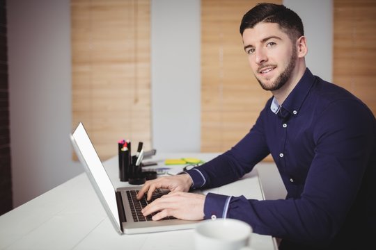 Portrait of man using laptop in office