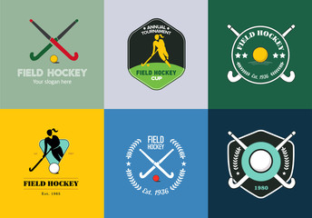 Field hockey logo set. Vector sport badges with woman silhouette, stick and hockey ball.