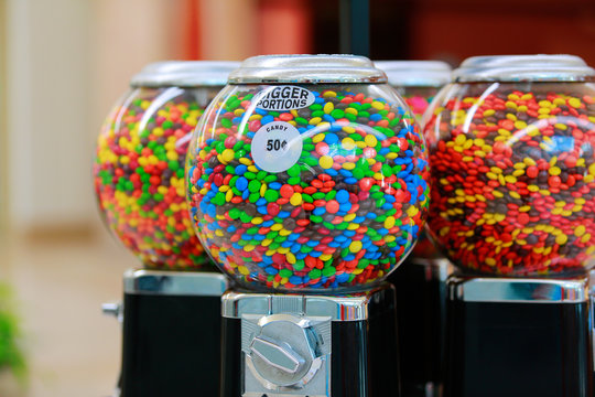 Seattle, WA - July 22, 2013: Famous M&M Candies at Candy Dispenser Machines
