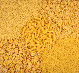 Assortment of uncooked Italian pasta as background