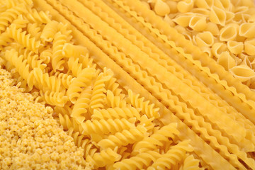 Assortment of uncooked Italian pasta close up