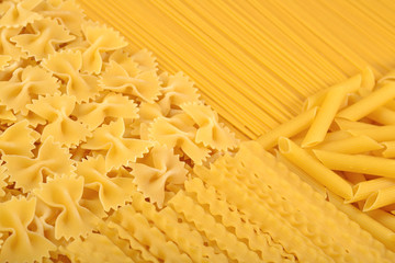 Assortment of uncooked Italian pasta close up