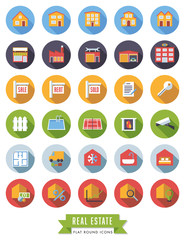 Real estate flat design long shadow round icons set