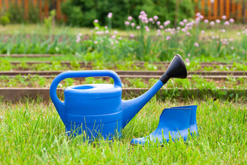 Colorful garden tools. watering can and rubber boots.