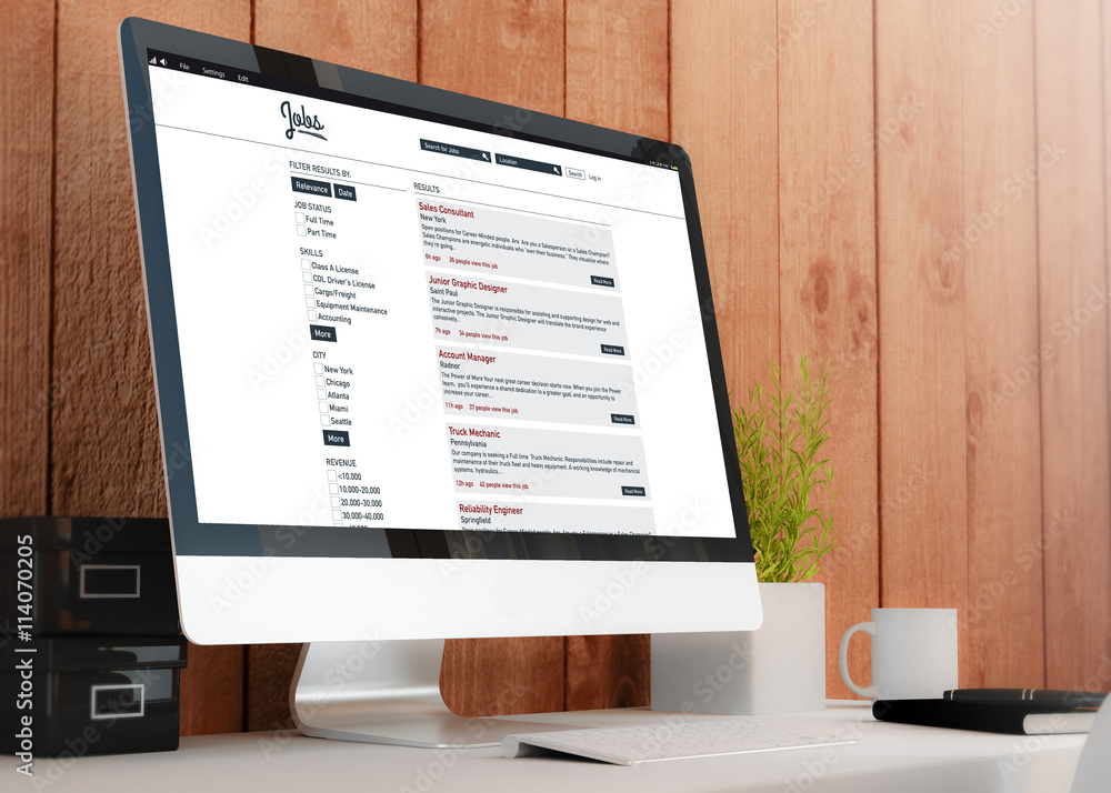 Poster modern workspace with computer job search