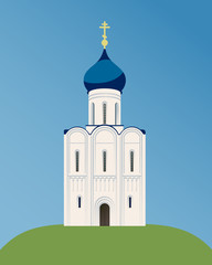 Old orthodox church on the hill. White tower with a blue roof and a golden cross.