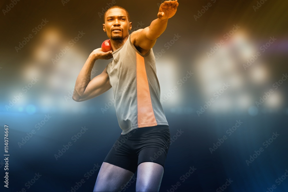 Poster composite image of front view of sportsman practising shot put