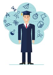 Graduated student image with icons of science. Cartoon flat vector illustration. Objects isolated on a background.