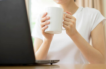 Young businesswoman drinking coffee and using laptop
