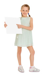 Fun a small, thin girl in a short dress, holding a banner and pointing at him the finger - Isolated on white background