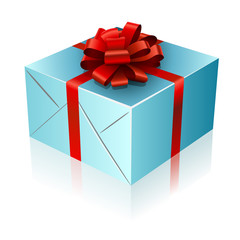 Blue present box with red ribbon and bow.