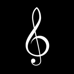 Treble clef vector icon, white on black background