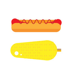 Flat hot dog illustration. Street vegetable and wiener icon. Fresh corn vector. Isolated american grilled hot-dog on white background. Street fast food