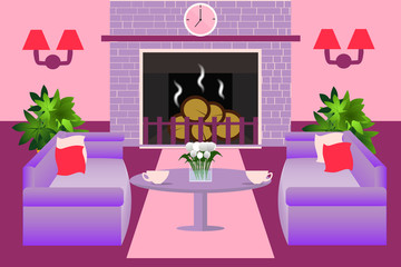 Modern living room interior. A fireplace, sofas, table, plants, lamps, clocks. Interior vector illustration. Flat style